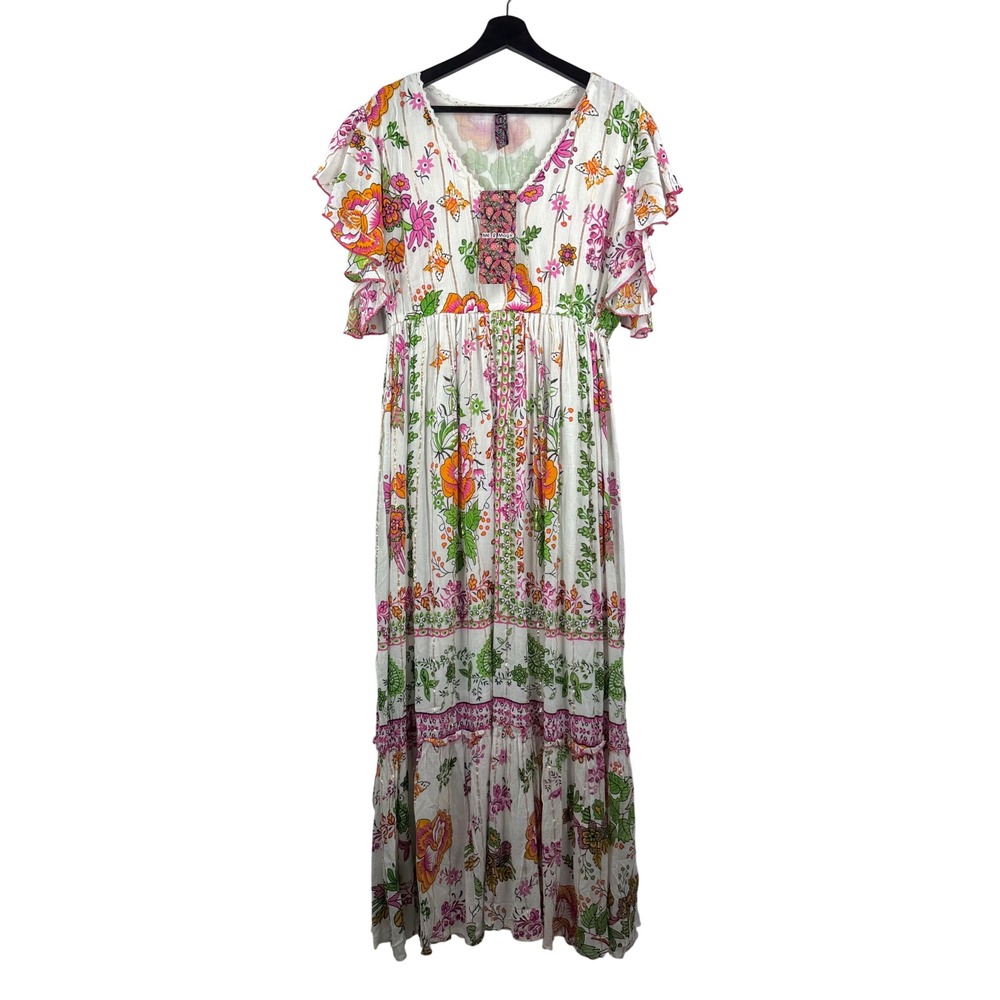 Me 2 Magic Floral Maxi Dress sz XL Boho Metallic ruffles Flutter Sleeve sz XL - Picture 2 of 10